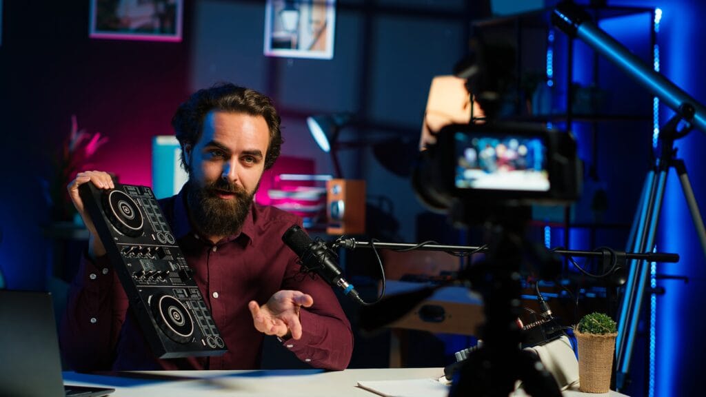 influencer mostrando el dispositivo de mezcla de sonido a los espectadores