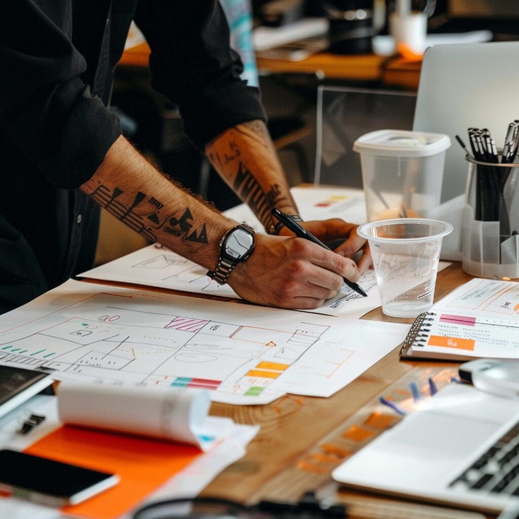 Diseñador creativo trabajando en bocetos y planos en oficina