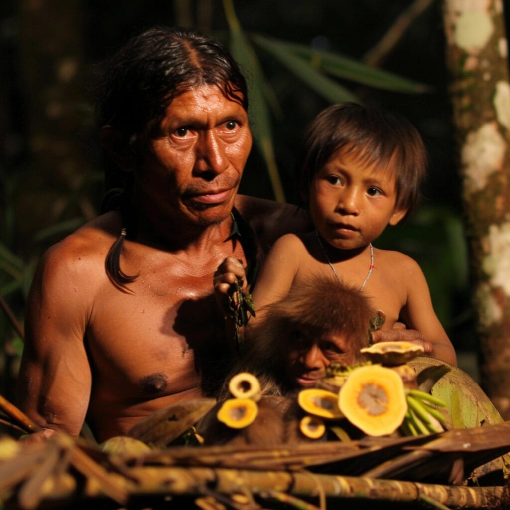 Hombre indígena con niño en la selva amazónica