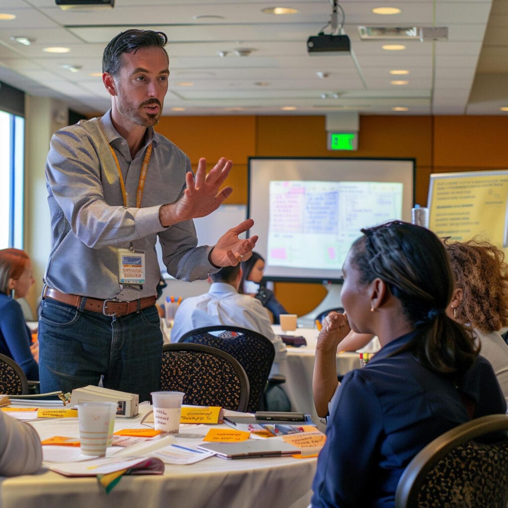 Hombre presentando en una reunión de trabajo mientras explica conceptos a su equipo, con un proyector de fondo y participantes en la mesa