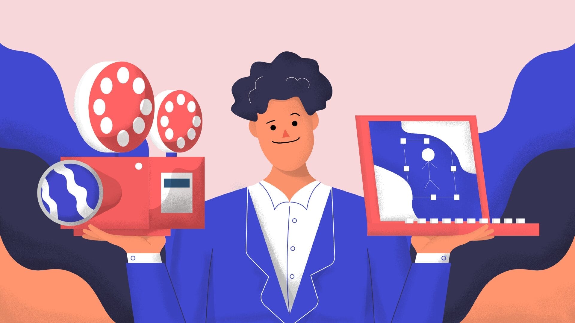 Ilustración de una persona sosteniendo una cámara de cine en una mano y una computadora portátil con un gráfico en la otra, representando la producción audiovisual y diseño gráfico