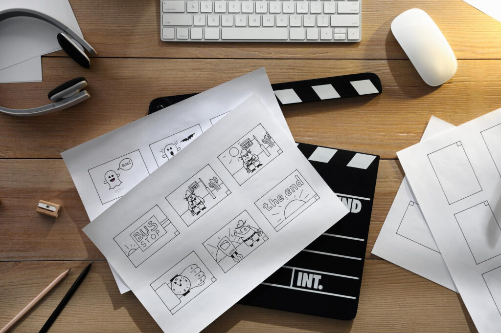 Storyboards con bocetos de dibujos animados en el lugar de trabajo en plano Proceso de preproducción